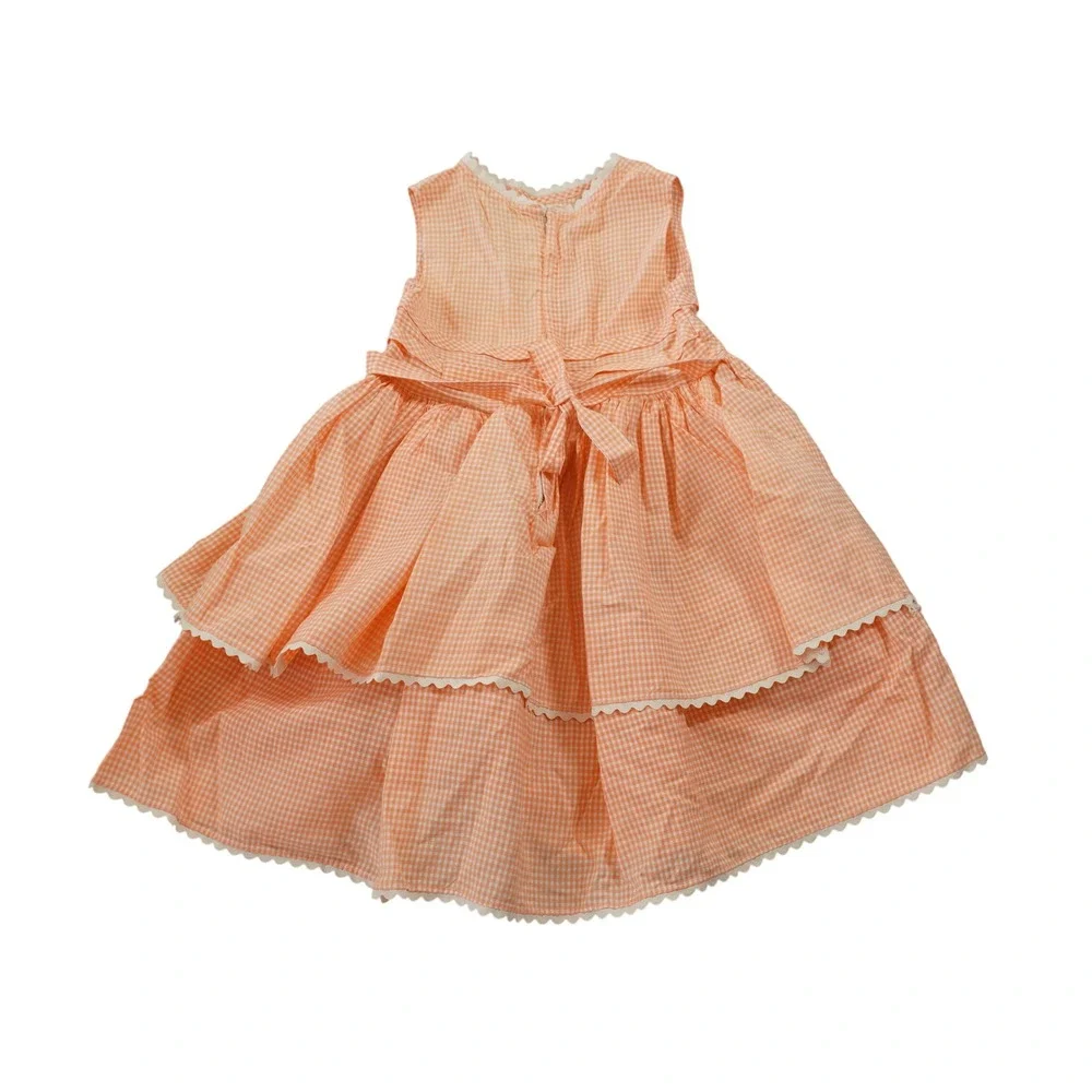 Vintage Cinderella Shirley Temple Gingham Dress Orange White Tiered Ric Rac USA